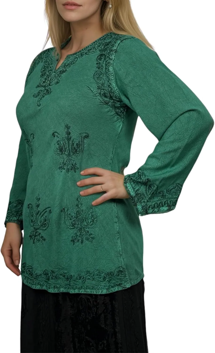 Agan Traders 2025 Summer Long Sleeve Diamond Neck Fall Embroidered Tops - Medieval Boho Vintage Tunic Kurta Blouses for Women