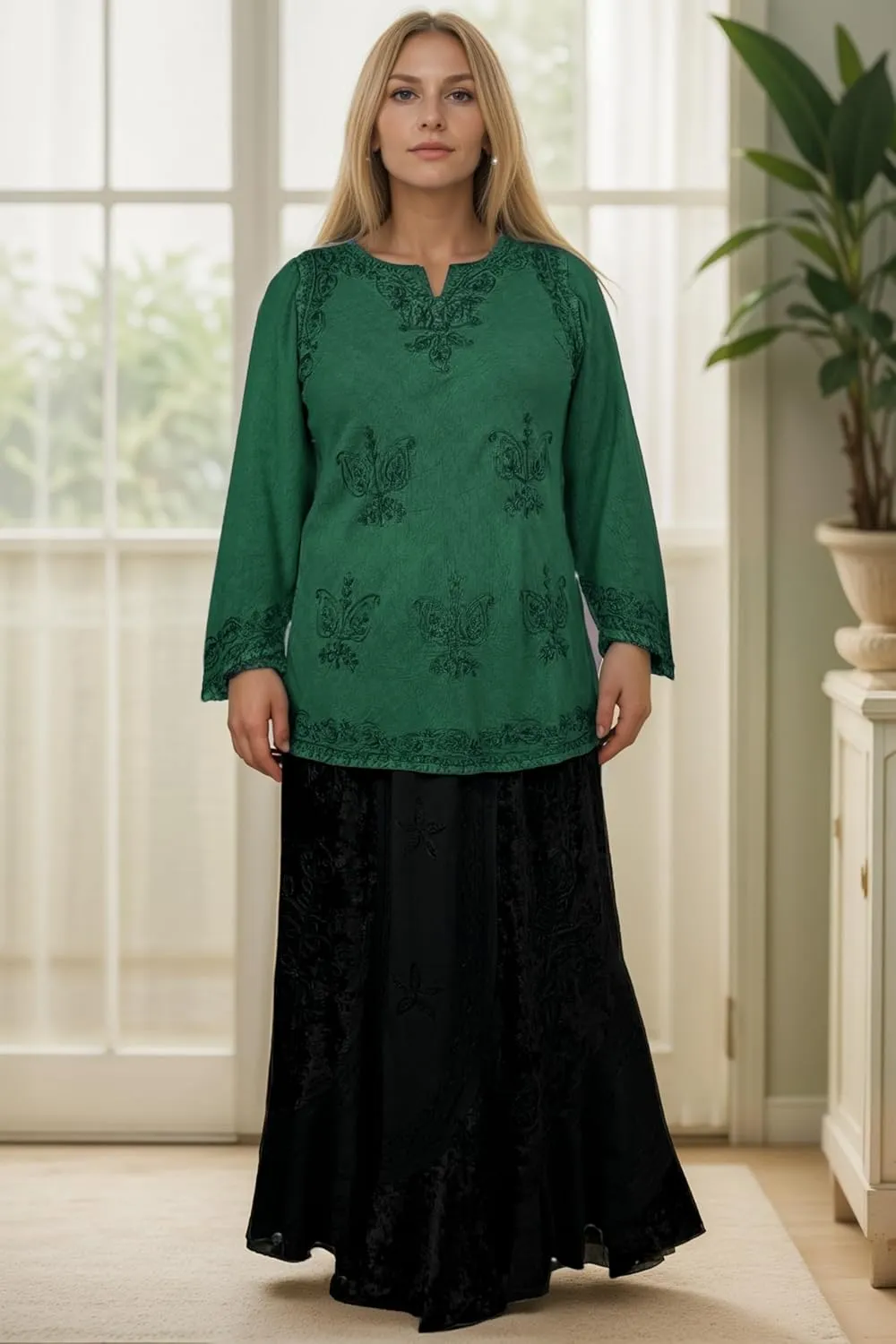 Agan Traders 2025 Summer Long Sleeve Diamond Neck Fall Embroidered Tops - Medieval Boho Vintage Tunic Kurta Blouses for Women
