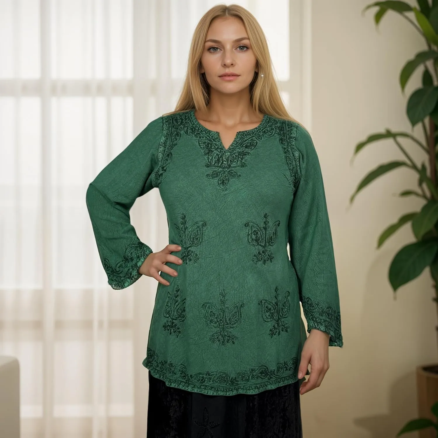 Agan Traders 2025 Summer Long Sleeve Diamond Neck Fall Embroidered Tops - Medieval Boho Vintage Tunic Kurta Blouses for Women