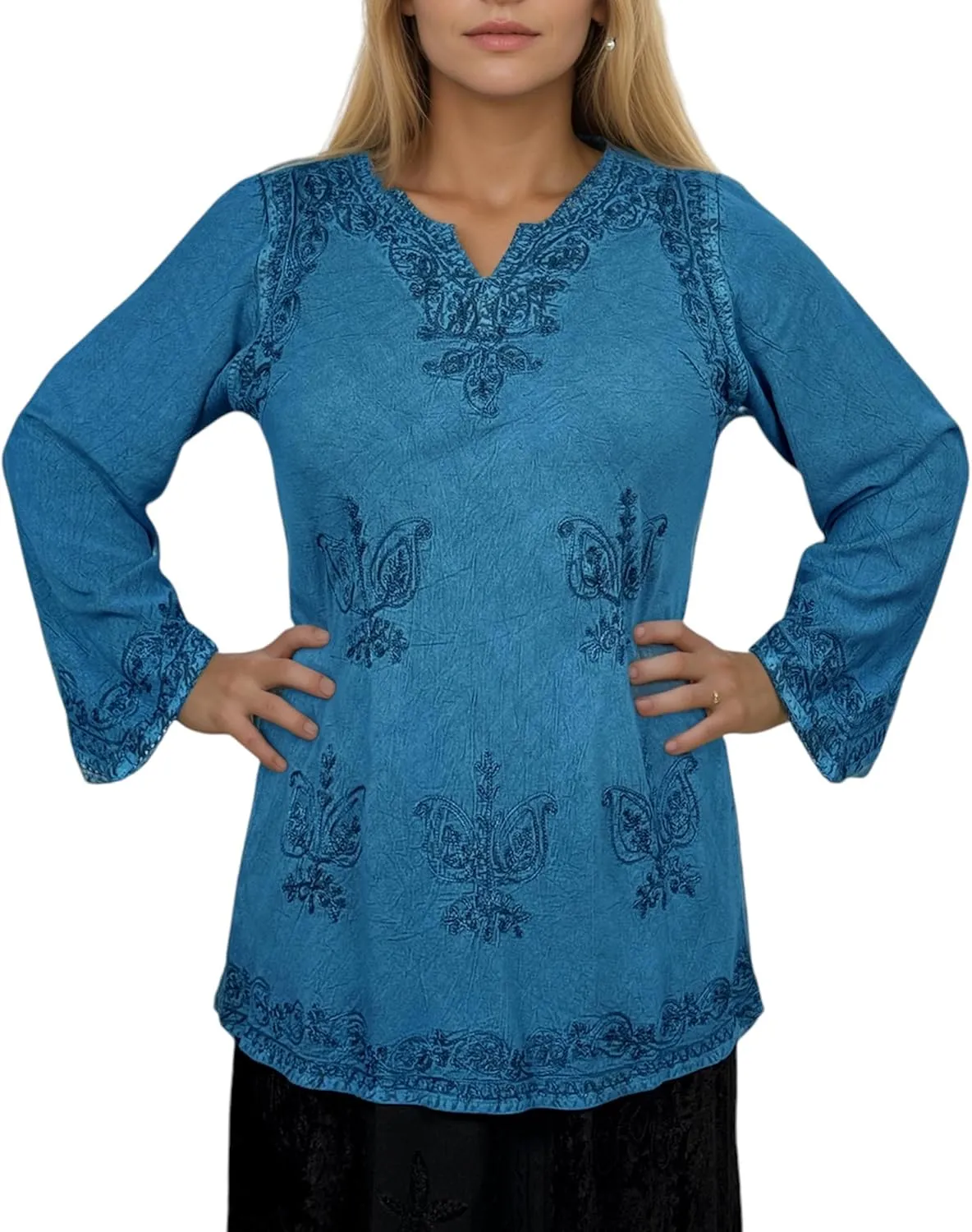 Agan Traders 2025 Summer Long Sleeve Diamond Neck Fall Embroidered Tops - Medieval Boho Vintage Tunic Kurta Blouses for Women