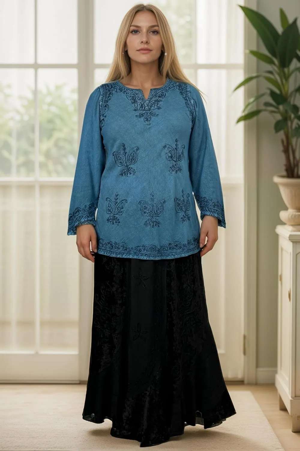 Agan Traders 2025 Summer Long Sleeve Diamond Neck Fall Embroidered Tops - Medieval Boho Vintage Tunic Kurta Blouses for Women