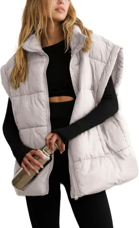 APAFES Women Winter Oversized Puffer Vest Lightweight Stand Collar Flysleeve Insulated Padded Puffy Jackets Coat with Pockets