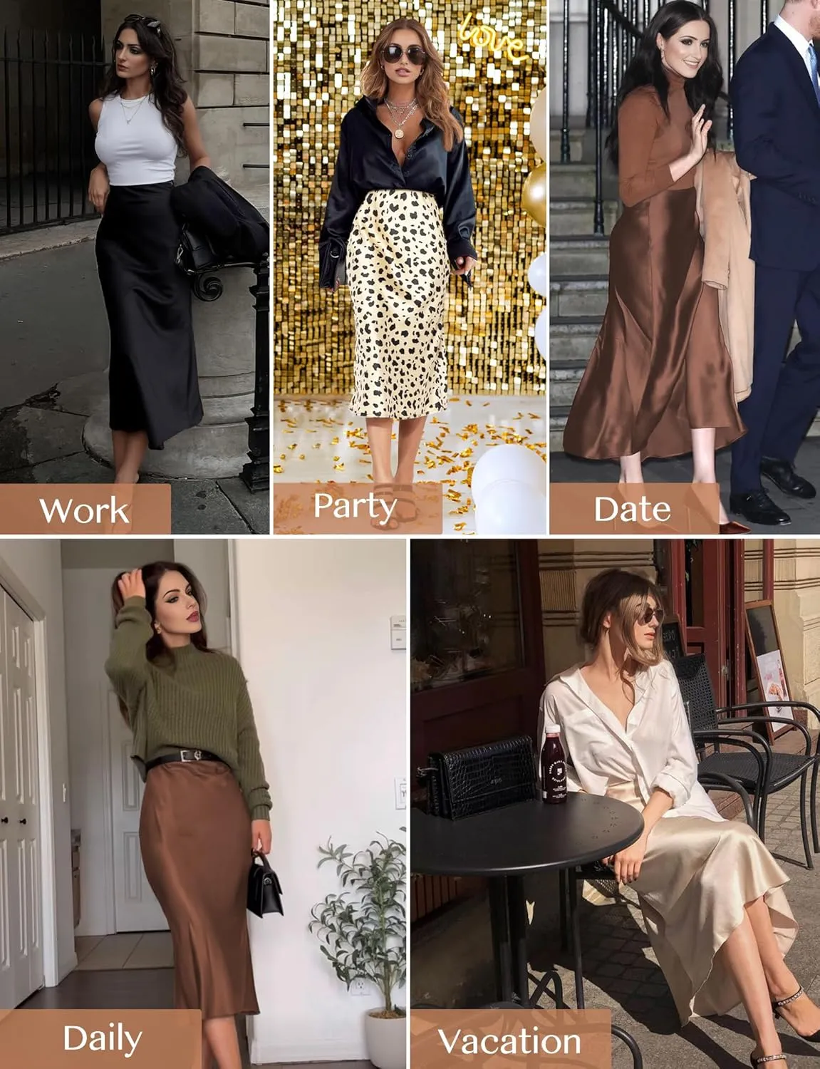 AURUZA Satin Midi Skirts for Women, Black Long Skirt with Hidden Elasticized Waistband, High Waisted Flared A-line Silk Dress