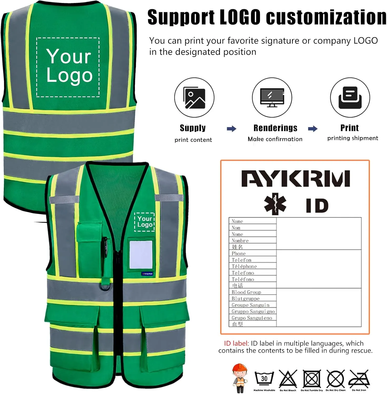 AYKRM 11 color High Vis Reflective Safety Vest for Women Men Security Pocket Zipper