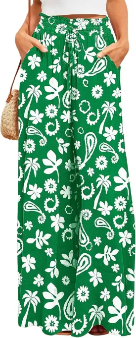 Bsubseach 2025 Wide Leg Pants Women Casual Palazzo Dressy Flowy Beach Summer Vacation Outfits Boho Pant with Pockets (Green Paisley, M)