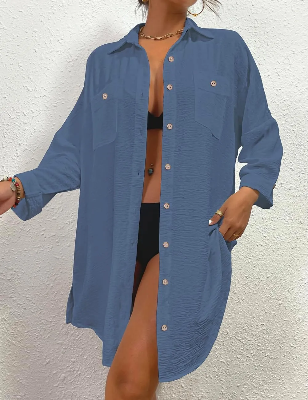 Bsubseach Womens Modern Swimsuit Cover Up Blouse Button Down Shirt Dresses Tops