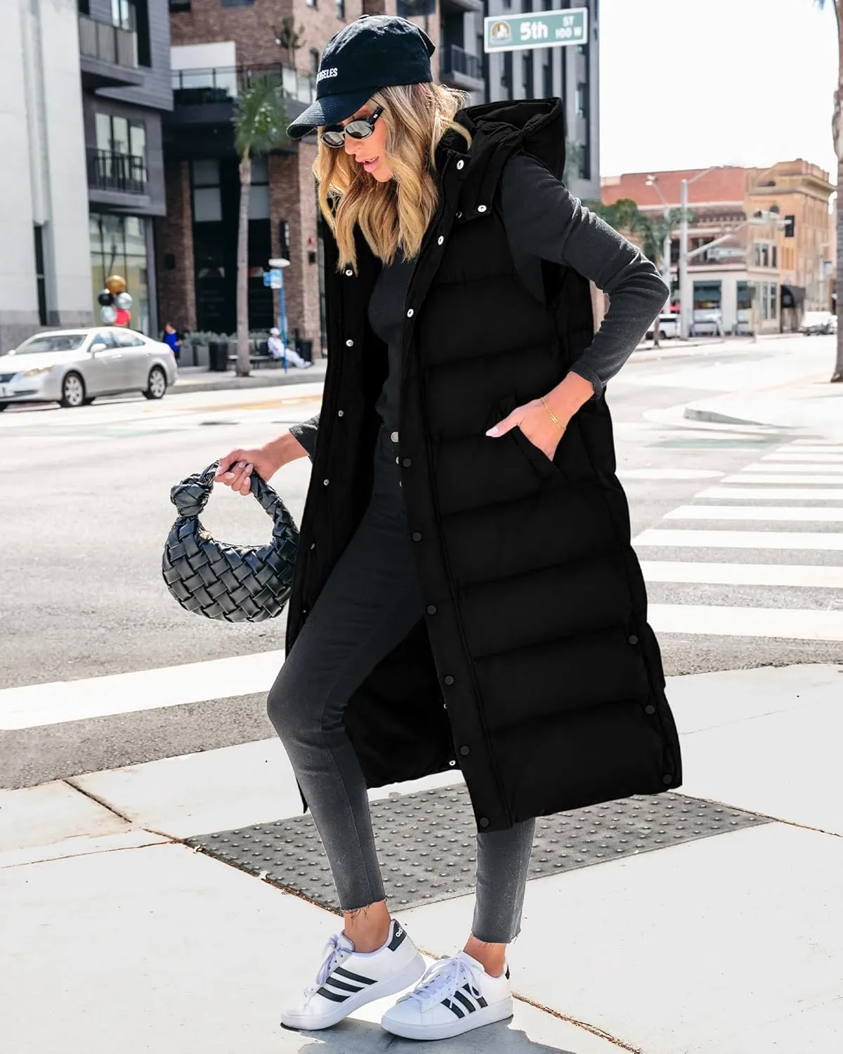 BTFBM Long Puffer Vest Women Quilted Hooded Button Down Zip Up Sleeveless Vests Outerwear Padded Jacket Fall Winter Coat