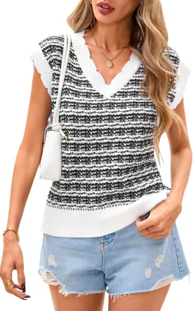 CFLONGE Vests for Women 2025 Trendy Sleeveless Striped Sweater Vest Crochet Knit Cropped Work Tank Top Outfits Y2K Clothes
