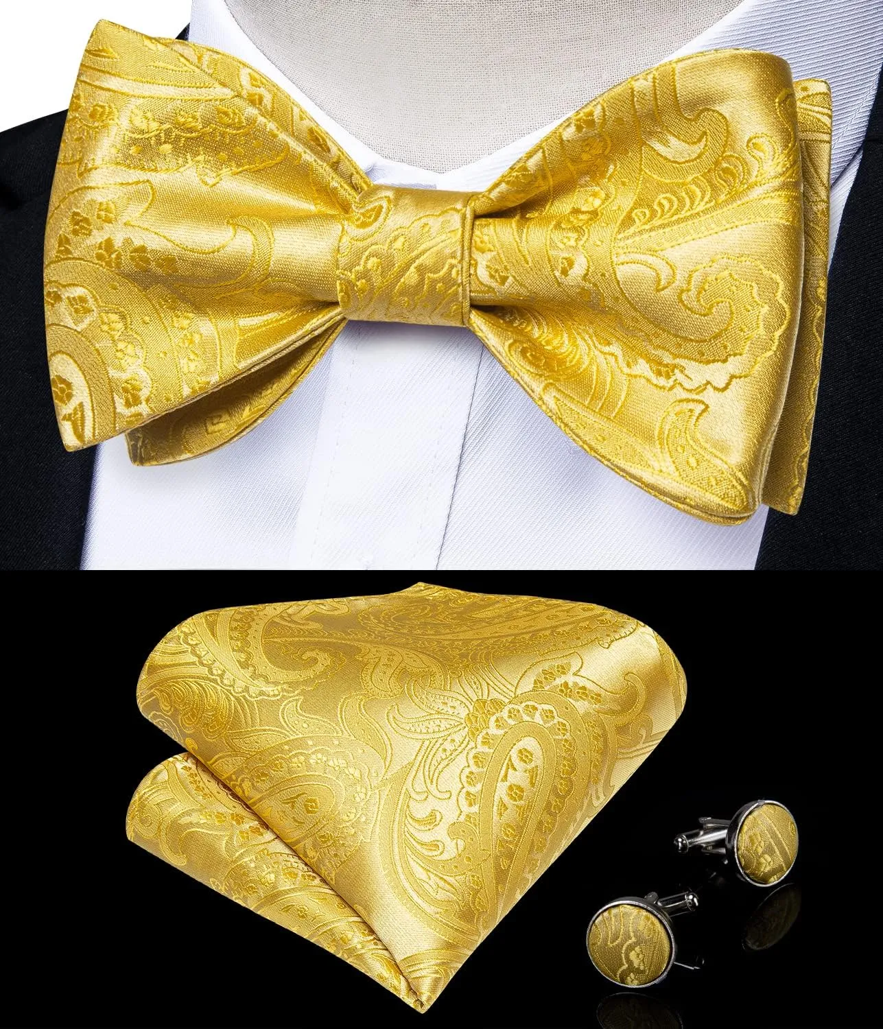 DiBanGu Silk Bow Ties for Men Striped Solid Paisley Self Bowtie and Pocket Square Cufflinks Formal Tuxedo Bowtie Set Wedding