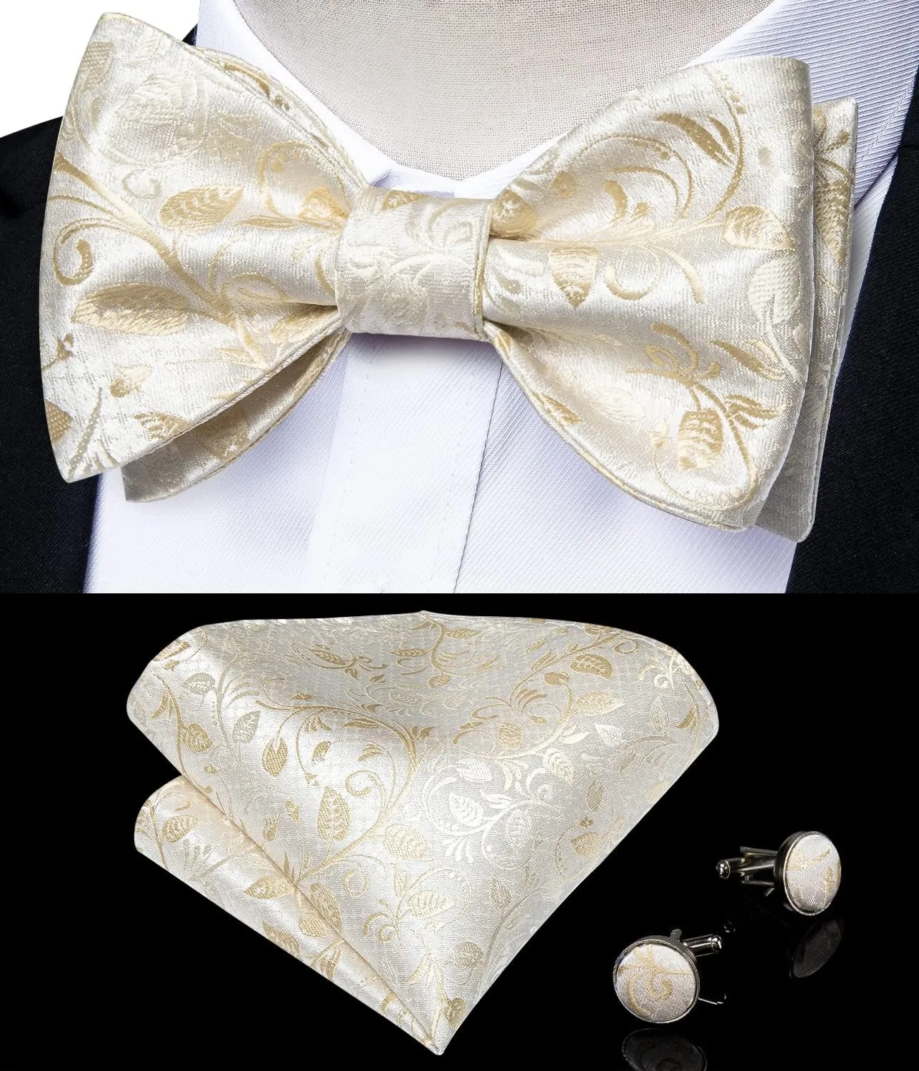 DiBanGu Silk Bow Ties for Men Striped Solid Paisley Self Bowtie and Pocket Square Cufflinks Formal Tuxedo Bowtie Set Wedding