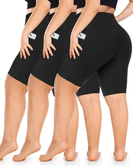 Diu Life 3 Pack Biker Plus Size Shorts for Women with Pockets - High Waist 8" Black Workout Shorts for Yoga (1X 2X 3X 4X)