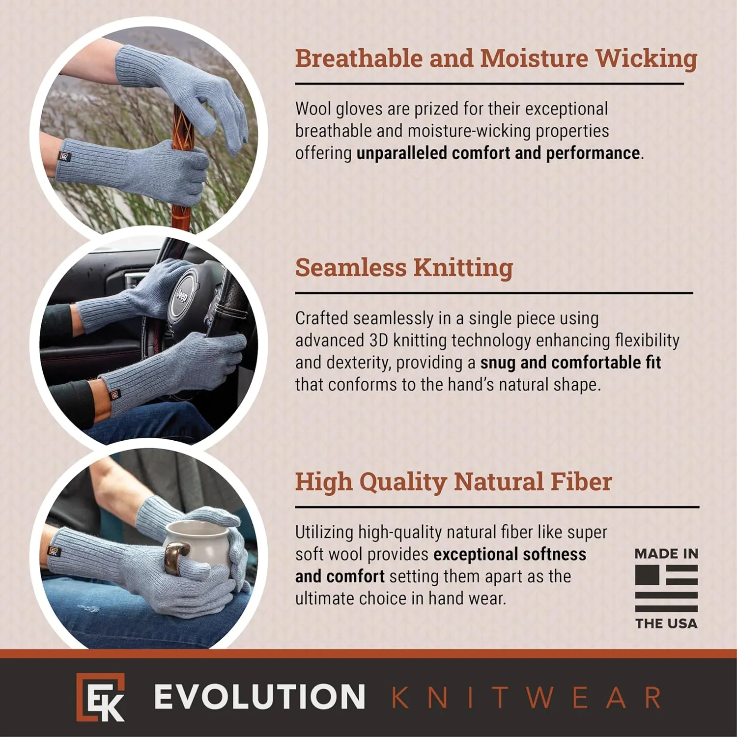 Evolution Knitwear Wool Knit Gloves - Super Soft Merino Wool - Made in the USA - Small