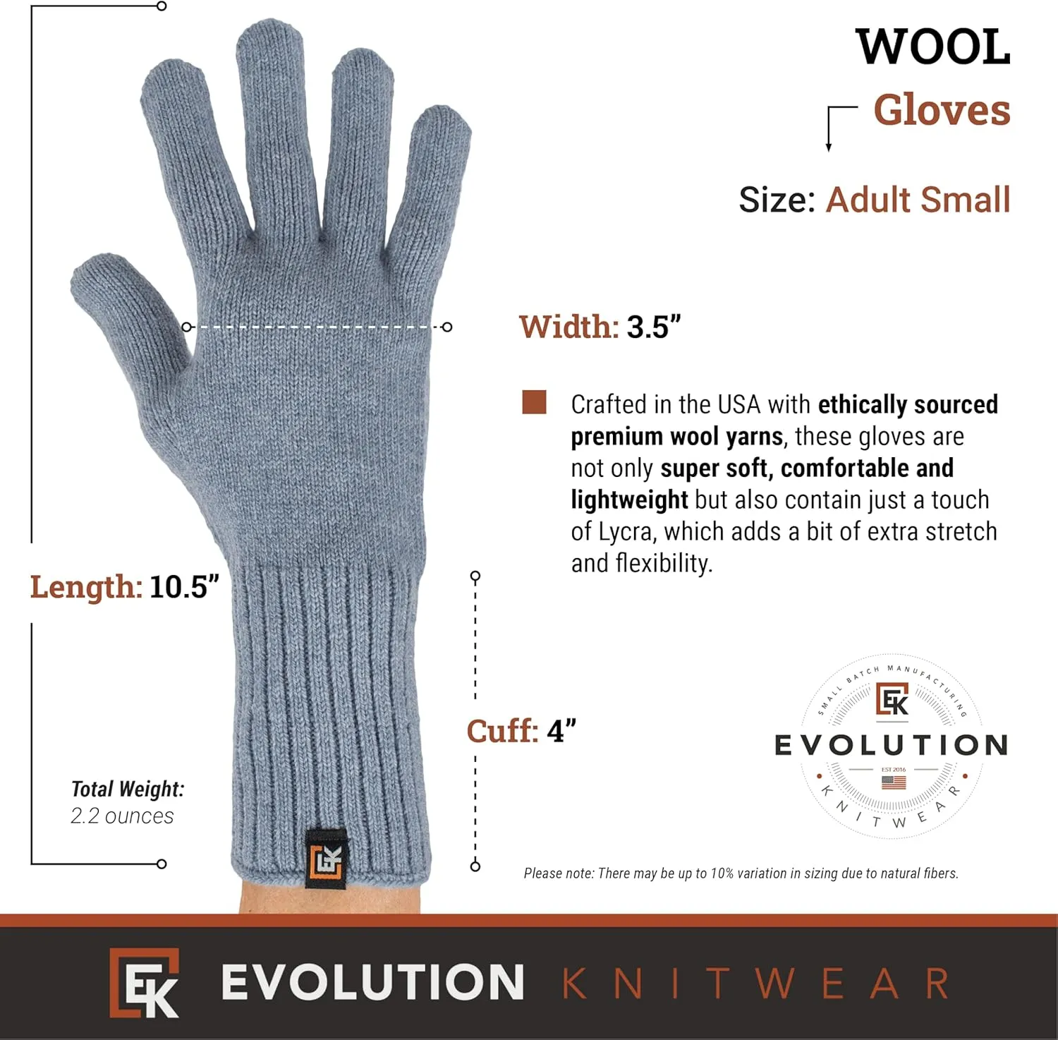 Evolution Knitwear Wool Knit Gloves - Super Soft Merino Wool - Made in the USA - Small