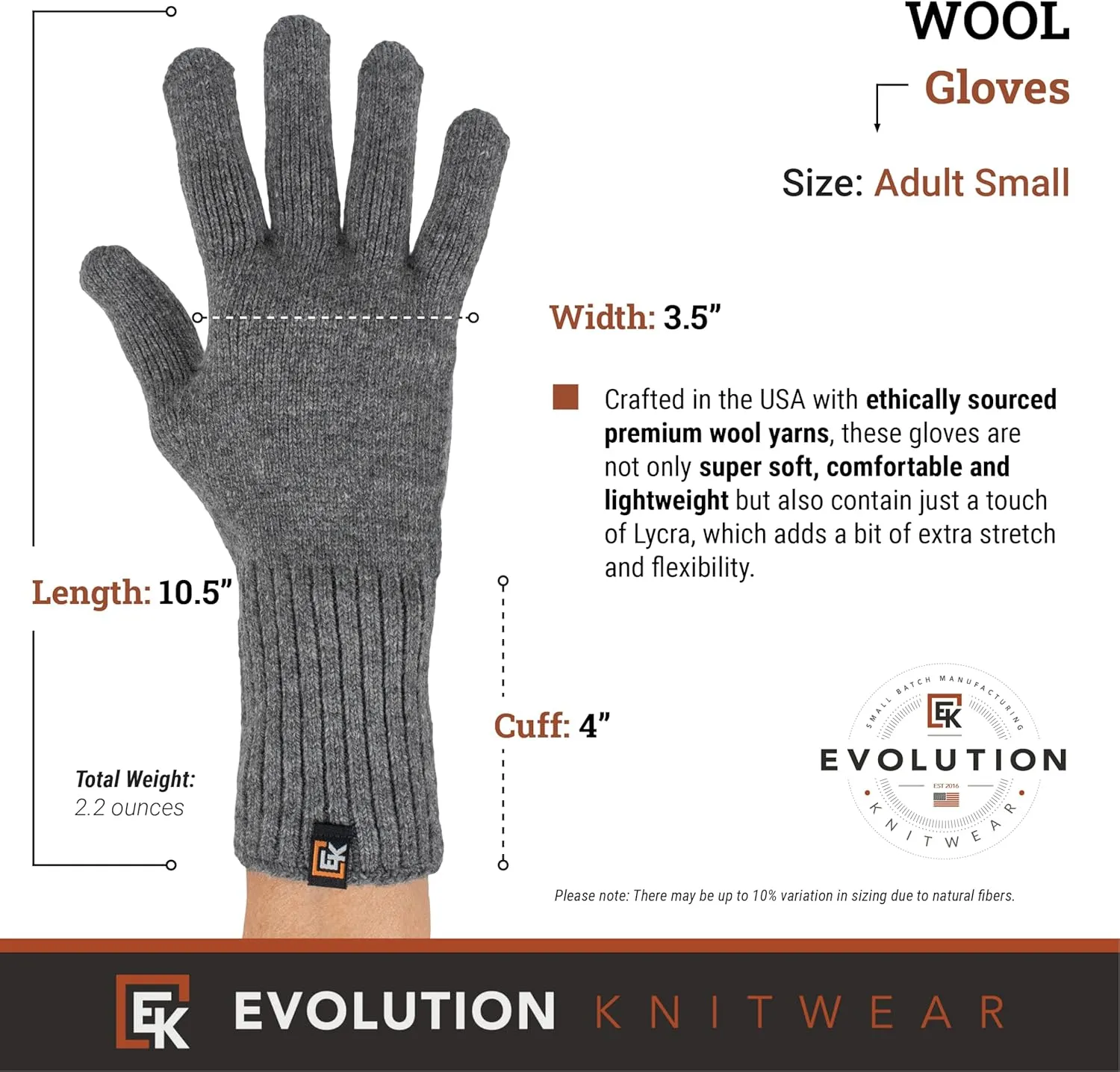 Evolution Knitwear Wool Knit Gloves - Super Soft Merino Wool - Made in the USA - Small