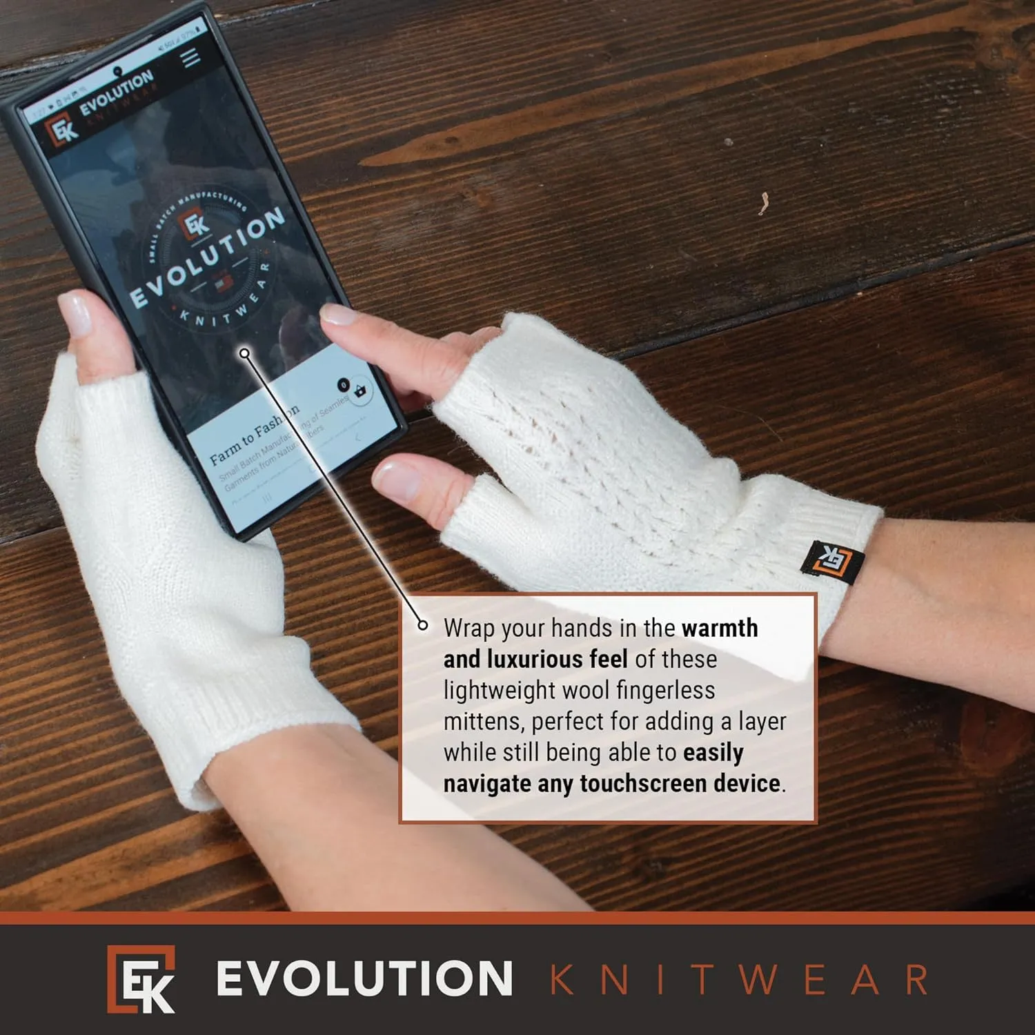 Evolution Knitwear Wool Mesh Knit Fingerless Mittens - Super Soft Merino Wool - Made in the USA