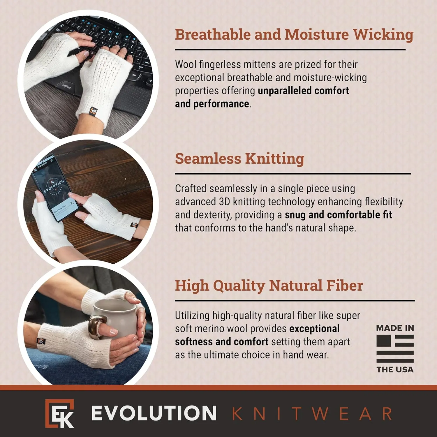 Evolution Knitwear Wool Mesh Knit Fingerless Mittens - Super Soft Merino Wool - Made in the USA