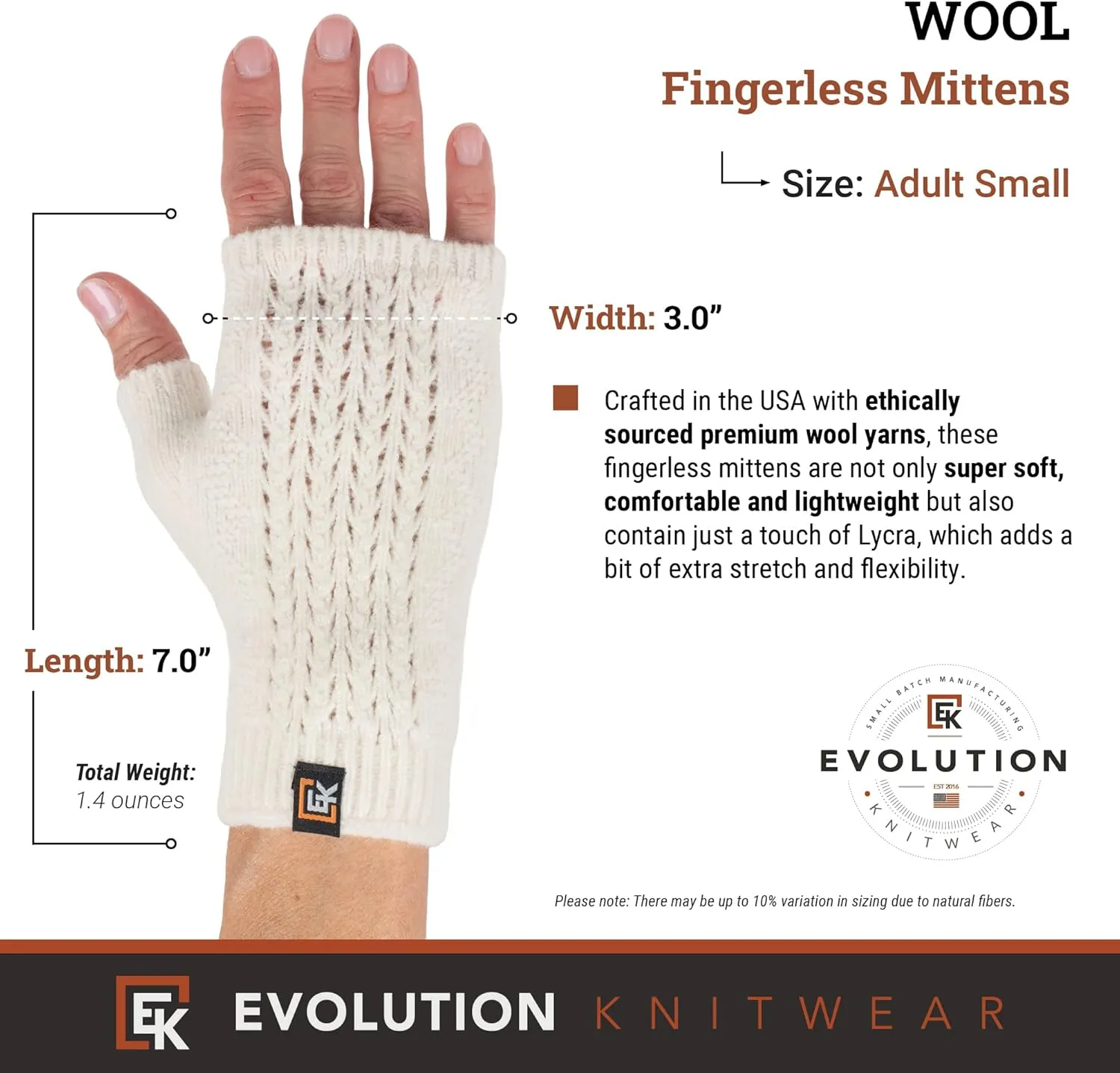 Evolution Knitwear Wool Mesh Knit Fingerless Mittens - Super Soft Merino Wool - Made in the USA