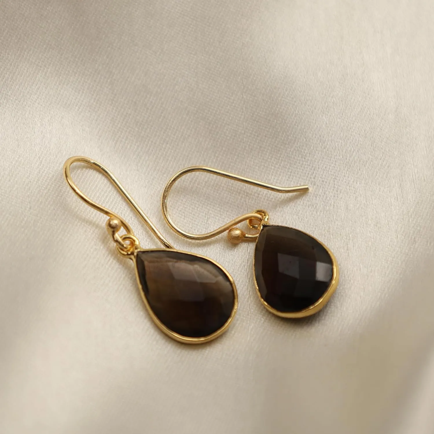 Gempires Lightweight Teardrop Dangle Earrings Brown Smoky Quartz Crystal Jewelry Hypoallergenic Gold Plated Handmade Gemstone Dangling Earring For Women