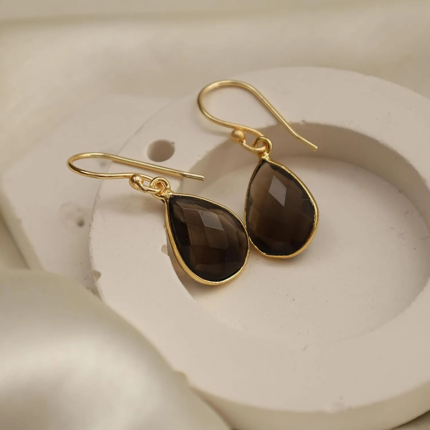 Gempires Lightweight Teardrop Dangle Earrings Brown Smoky Quartz Crystal Jewelry Hypoallergenic Gold Plated Handmade Gemstone Dangling Earring For Women