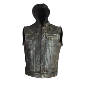 HMM914HDB Distressed Brown Motorcycle Club Leather Vest with Hood
