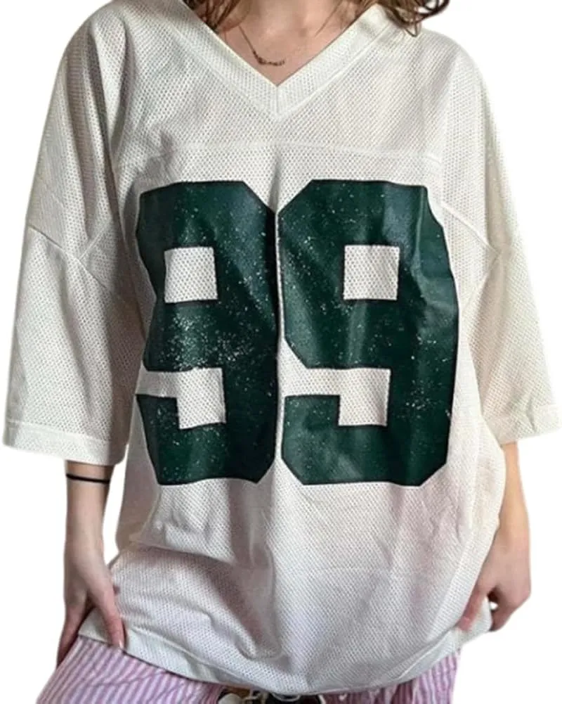 Jersey Shirts for Women Number Graphic Short Sleeve Tshirts Casual V Neck Baggy Tees Y2K Grunge Shirts