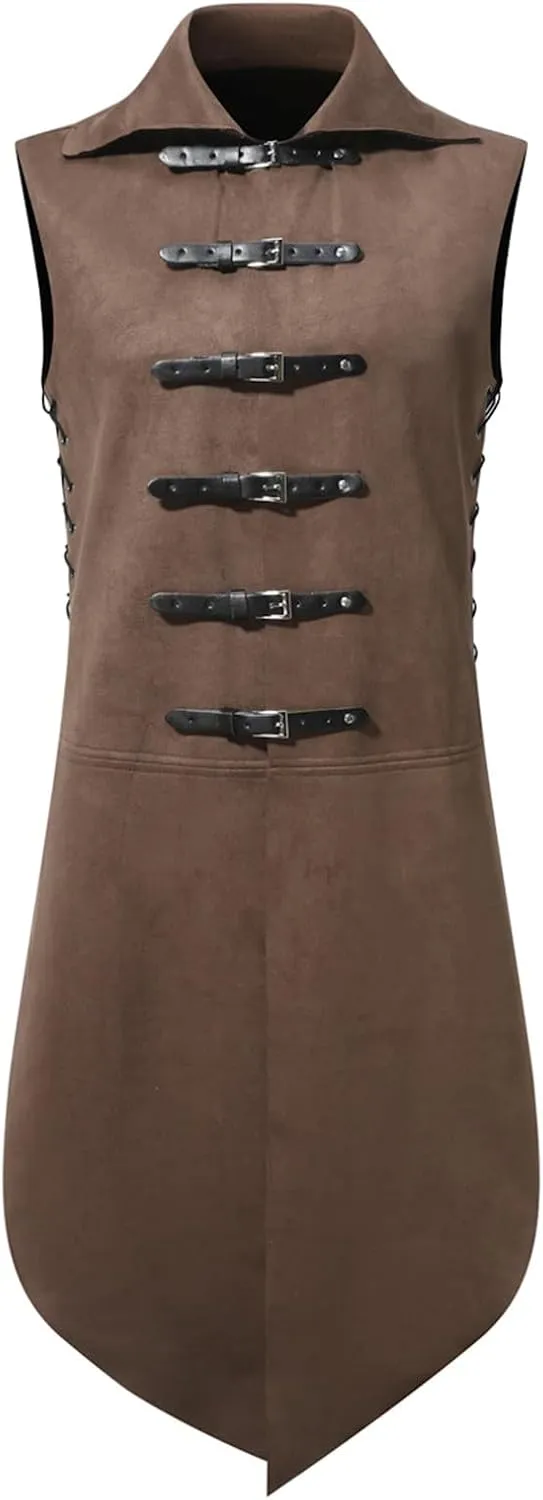 Mens Gothic Waistcoat Steampunk Vest Buckle Belt Tailcoat Suit Vests Vintage Medieval Sleeveless Jacket Halloween Coat