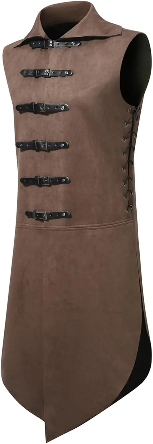 Mens Gothic Waistcoat Steampunk Vest Buckle Belt Tailcoat Suit Vests Vintage Medieval Sleeveless Jacket Halloween Coat