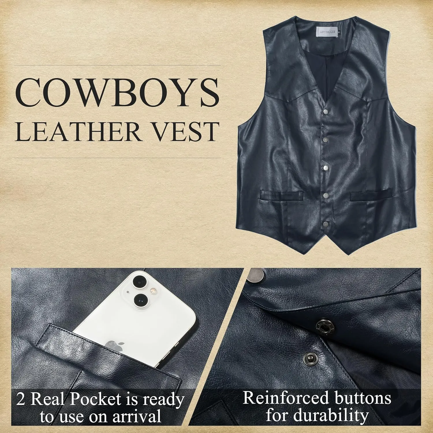 Men's Western Cowboy Vest,Vintage Cowboy Suit Vest with Bolo Tie,Slim Wedding Vests,Leather Light Casual Vests