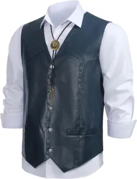 Men's Western Cowboy Vest,Vintage Cowboy Suit Vest with Bolo Tie,Slim Wedding Vests,Leather Light Casual Vests