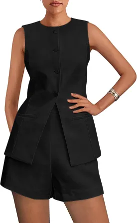 PRETTYGARDEN Two Piece Sets for Women Summer 2025 Button Down Suit Vest Tops High Waisted Shorts Business Casual Outfits