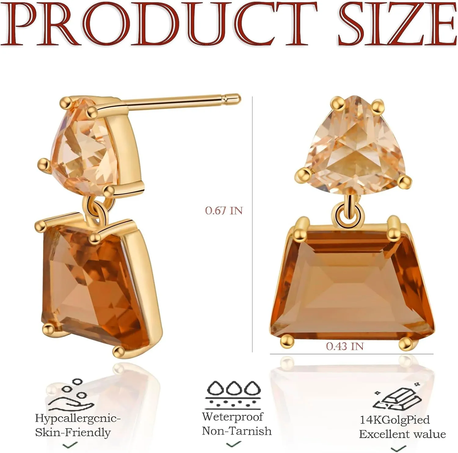 Small Brown Crystal Dangle Earrings for Women  Hypoallergenic Amber Drops, Lightweight Geometric Earrings for Sensitive Ears, Fashion Jewelry Gift for Birthday and Holidays