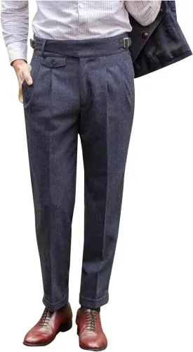 Snoly Men's Winter Retro Woolen Gurkha Pant Straight Flat Front Chino High Waist Tapered Leg Rolled Pants,Two Styles
