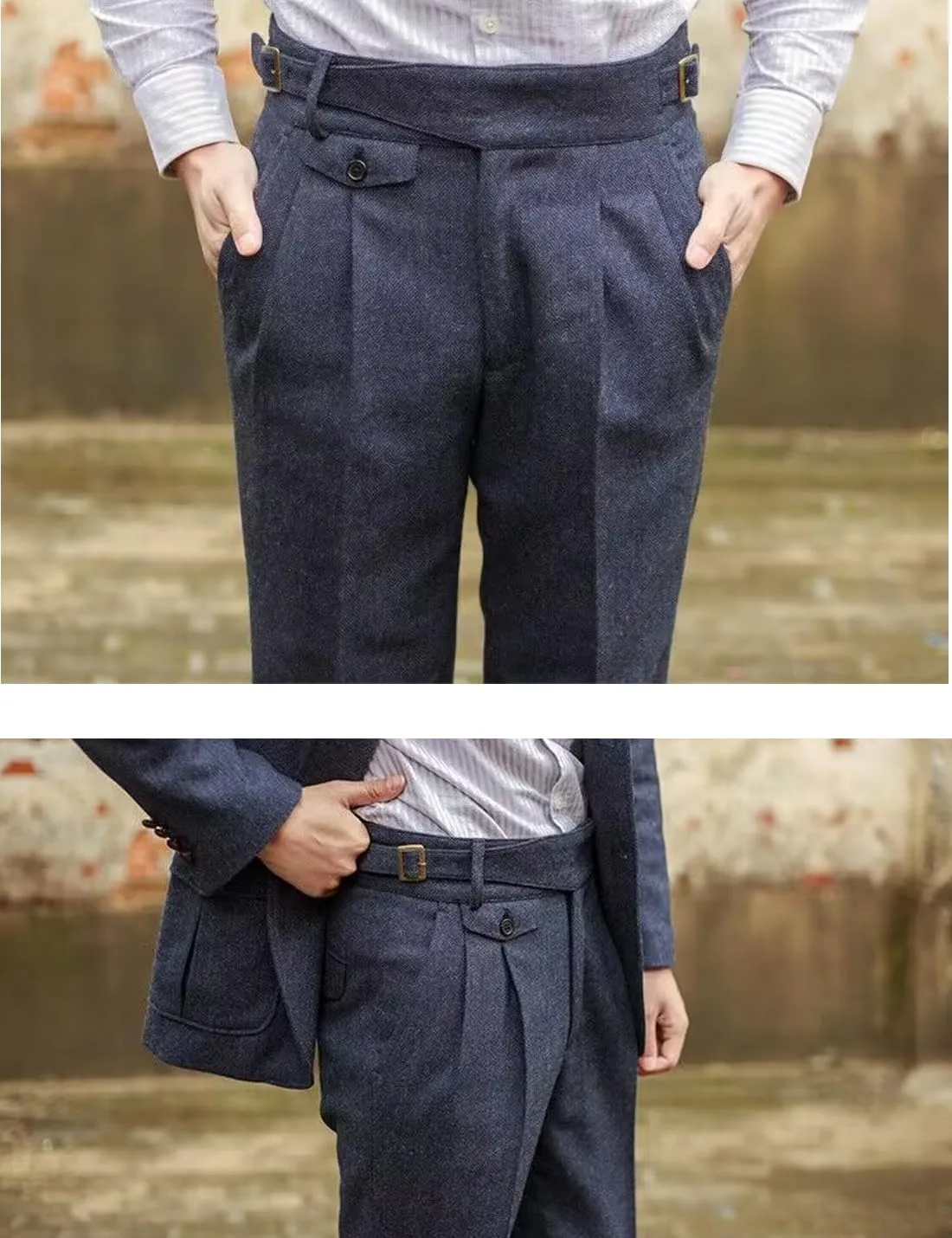 Snoly Men's Winter Retro Woolen Gurkha Pant Straight Flat Front Chino High Waist Tapered Leg Rolled Pants,Two Styles