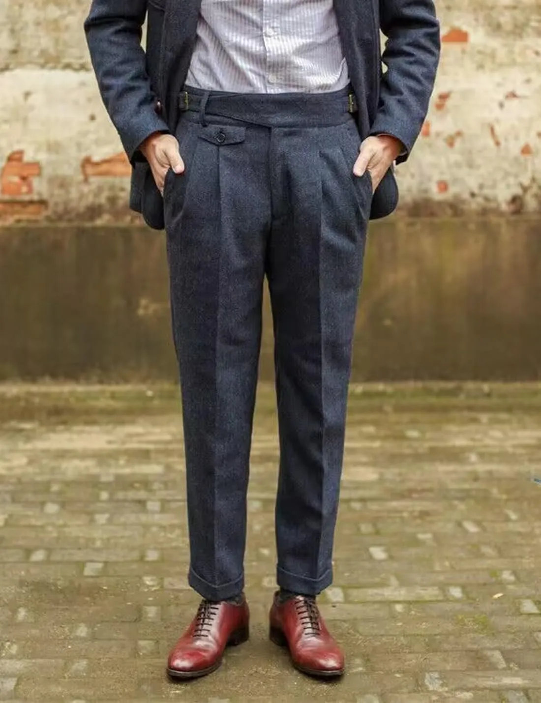 Snoly Men's Winter Retro Woolen Gurkha Pant Straight Flat Front Chino High Waist Tapered Leg Rolled Pants,Two Styles