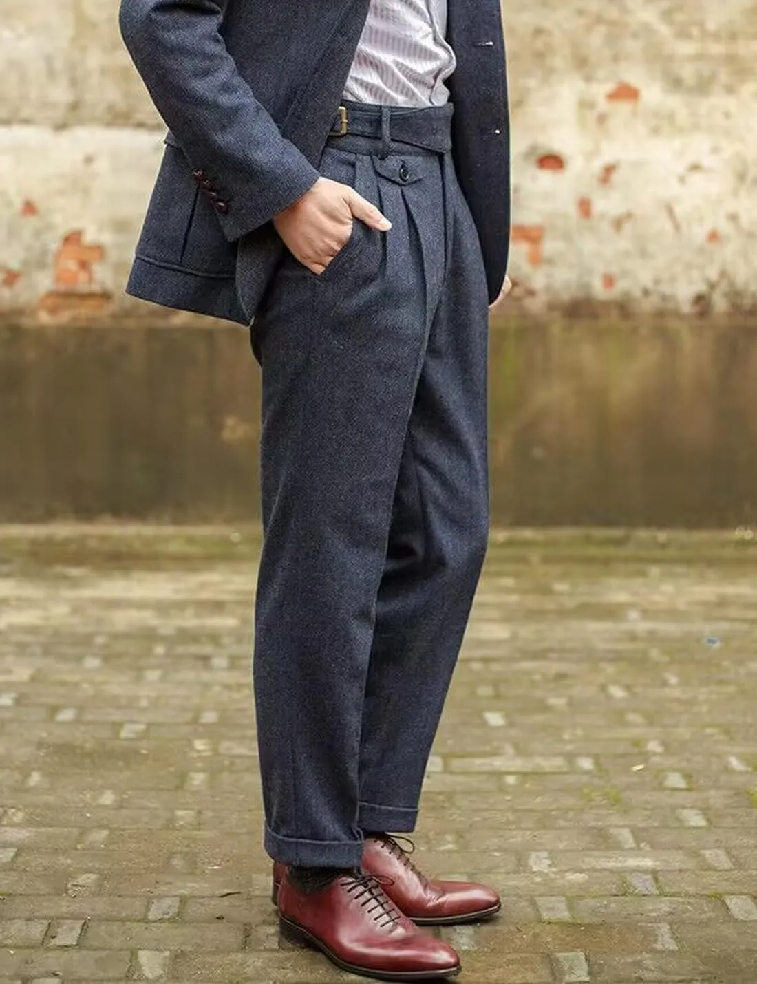 Snoly Men's Winter Retro Woolen Gurkha Pant Straight Flat Front Chino High Waist Tapered Leg Rolled Pants,Two Styles