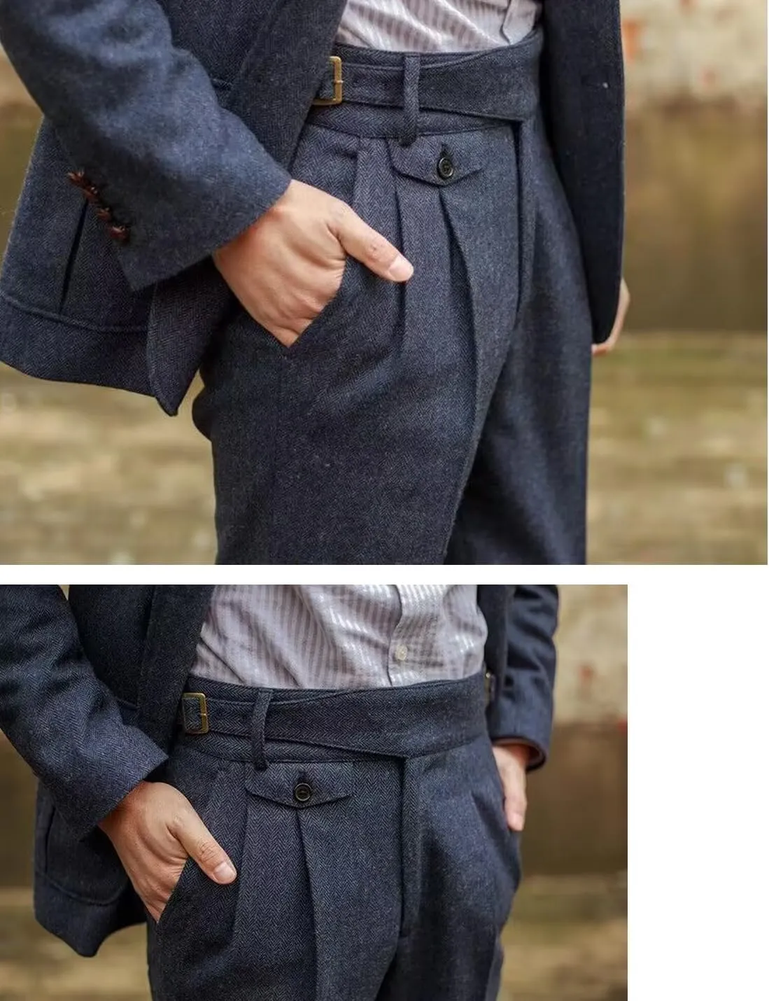 Snoly Men's Winter Retro Woolen Gurkha Pant Straight Flat Front Chino High Waist Tapered Leg Rolled Pants,Two Styles
