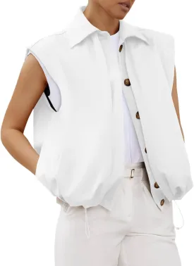 Tankaneo Womens Casual Oversized Vest Ruched Hem Cropped Button Down Sleeveless Jackets Cap Sleeve Vest Outerwear