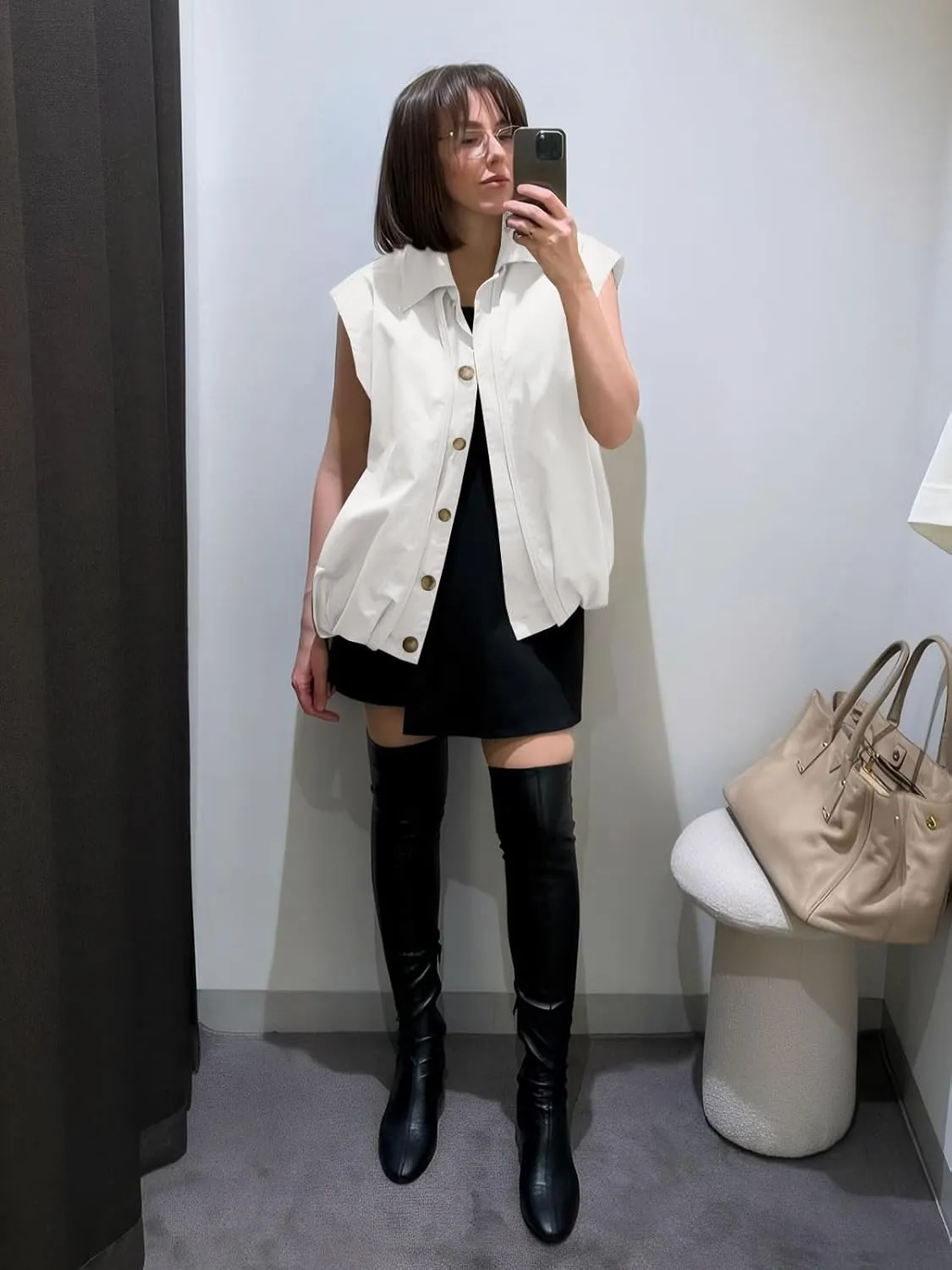 Tankaneo Womens Casual Oversized Vest Ruched Hem Cropped Button Down Sleeveless Jackets Cap Sleeve Vest Outerwear