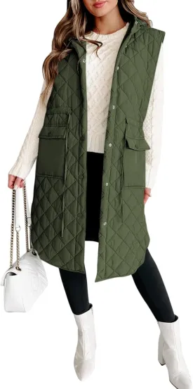 Tankaneo Women's Long Puffer Vest Sleeveless Hood Quilted Winter Outwear Warm Jackets Coats