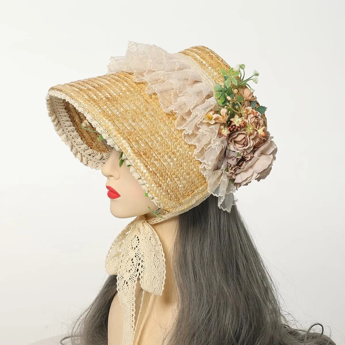 Victorian Womens Tea Party Sun Hat Lolita Bows Florals Flat Straw Hats Brown
