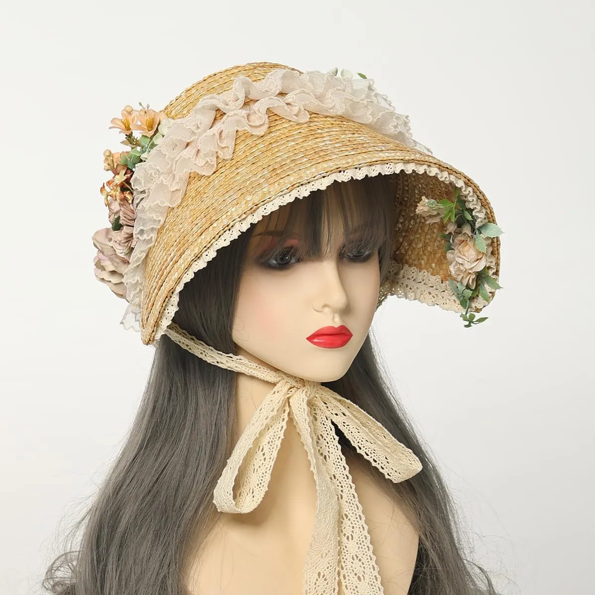 Victorian Womens Tea Party Sun Hat Lolita Bows Florals Flat Straw Hats Brown