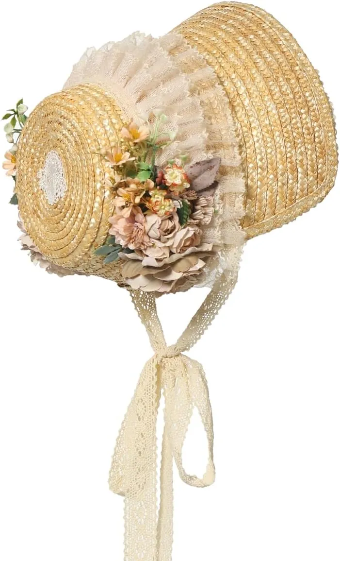 Victorian Womens Tea Party Sun Hat Lolita Bows Florals Flat Straw Hats Brown