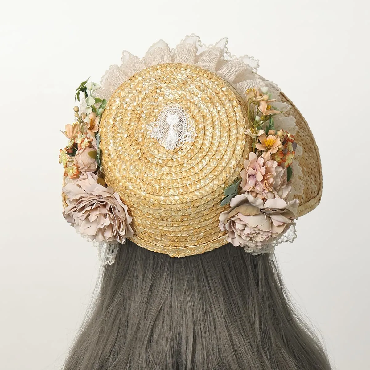 Victorian Womens Tea Party Sun Hat Lolita Bows Florals Flat Straw Hats Brown