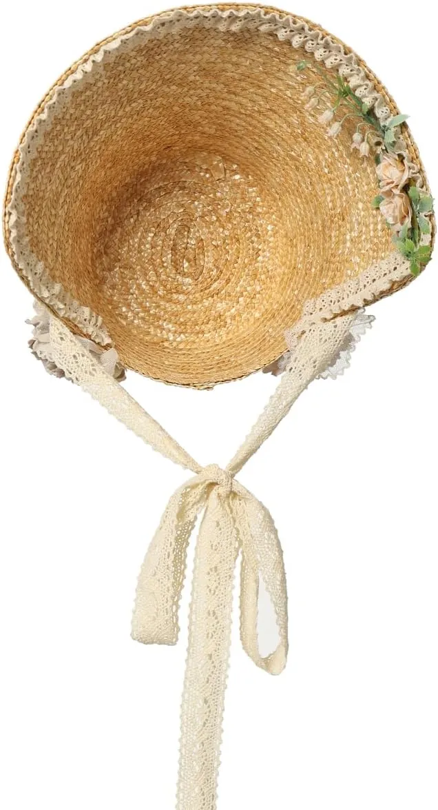 Victorian Womens Tea Party Sun Hat Lolita Bows Florals Flat Straw Hats Brown