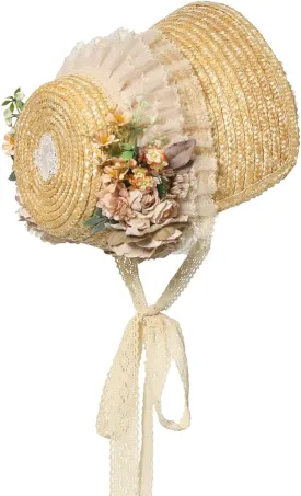 Victorian Womens Tea Party Sun Hat Lolita Bows Florals Flat Straw Hats Brown