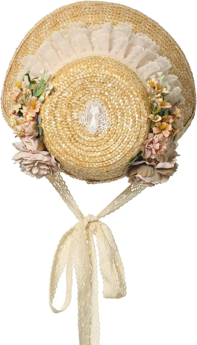 Victorian Womens Tea Party Sun Hat Lolita Bows Florals Flat Straw Hats Brown
