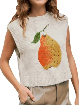 WDIRARA Women's Pear Graphic Crewneck Sweater Vests Sleeveless Crop Knitted Tops