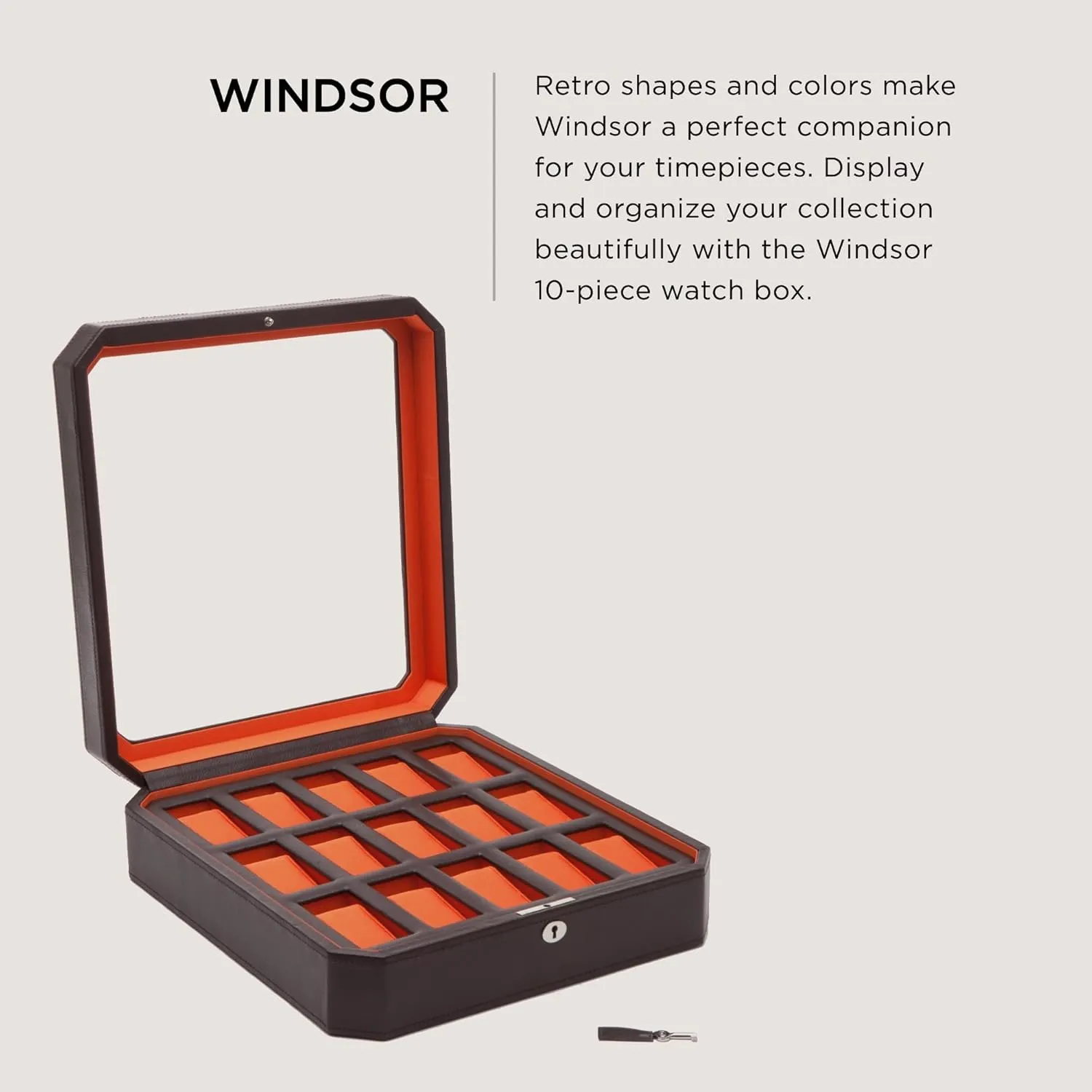 WOLF Windsor 15-Piece Watch Box, Brown/Orange - Features 15 Watch Compartments & Vegan Leather Exterior