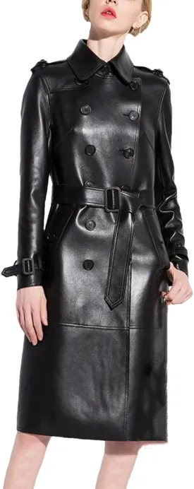 Women Spring Autumn Long Black Faux Leather Trench Coat Belt Double Breasted Vintage Overcoat