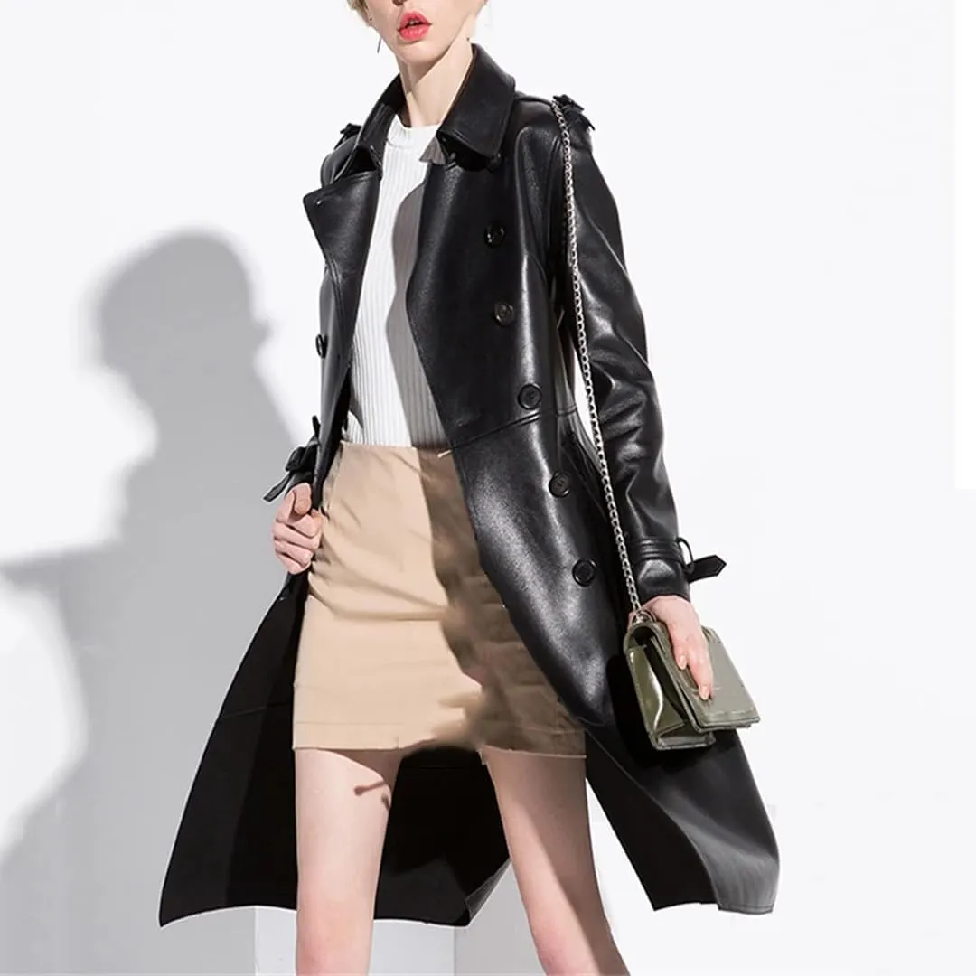 Women Spring Autumn Long Black Faux Leather Trench Coat Belt Double Breasted Vintage Overcoat